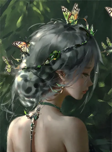 painting of a woman with butterflies in her hair