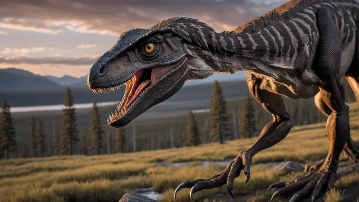 long shot scenic professional photograph of An award winning national geographic photograph of a solo velociraptor stalking its prey in Yellowstone national park, dark cinematic hue, IMAX ARRI ALEXA LF, ARRI MINI LF, ARRI ALEXA 65, Panavision DXL2, RED Ran...