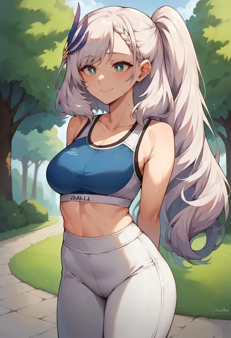 score_9, score_8_up, score_7_up, 1girl, solo, PavoliaReine, bright pupils, long hair, side ponytail, feather hair ornament, sports bra, yoga pants, tight pants, sweat, outdoors, park scene, arms behind back, smile, thighs, <lora:CHAR-PavoliaReinePonyXL:1>