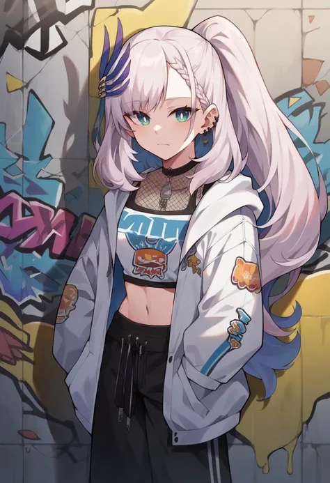 score_9, score_8_up, score_7_up, 1girl, solo, PavoliaReine, bright pupils, long hair, side ponytail, feather hair ornament, urban and street style, graffiti-inspired colors, cool and edgy attire, baggy pants, oversized hoodie, stylish sneakers, fashionable...