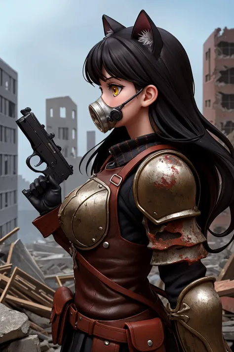 masterpiece:1.2, best quality,  <lora:Belladonna:0.8>, Belladonna, cat ears, long hair, leather armor, raider, rusted armor, make-shift armor, gloves, boots, gas mask, pistol, hand gun, holding gun, medium breasts, black hair, yellow eyes, standing, up clo...