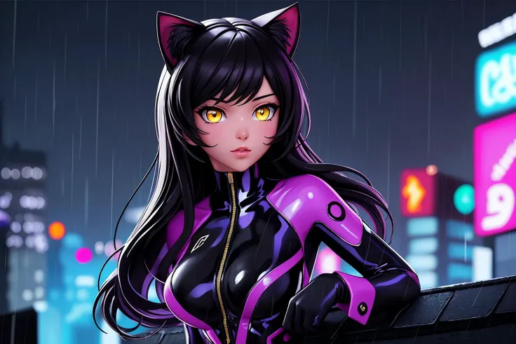 a woman in a cat suit standing in the rain