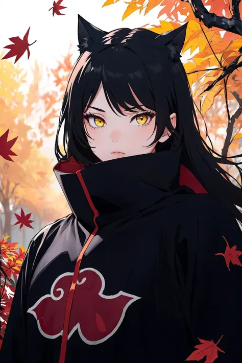 masterpiece:1.2, best quality, autumn, red leaves, falling leaves, 1girl <lora:Belladonna:0.8>, Belladonna, cat ears, long hair, ninja,black cloak, black coat, high collar, geta, medium breasts, black hair, yellow eyes, upper body, standing, serious, cente...