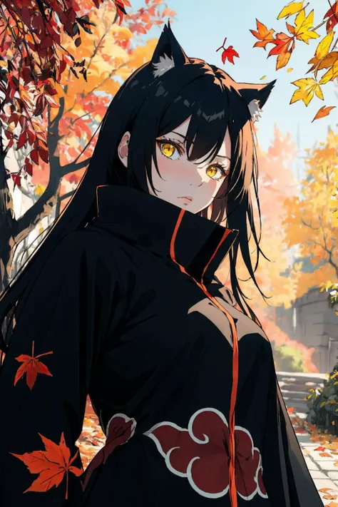 masterpiece:1.2, best quality, autumn, red leaves, falling leaves, 1girl <lora:Belladonna:0.8>, Belladonna, cat ears, long hair, ninja,black cloak, black coat, high collar, geta, medium breasts, black hair, yellow eyes, upper body, standing, serious, cente...