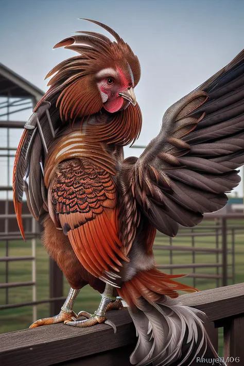 a professional photograph of (R005t3r bird:1.2) chicken,with a elegant wide (orange tail plume:1.3) and colorful bright (bronze wing feathers:1.3),standing on a fence in a barn yard,extremely ornate and detailed plumage,facing the viewer,portrait,rich deta...