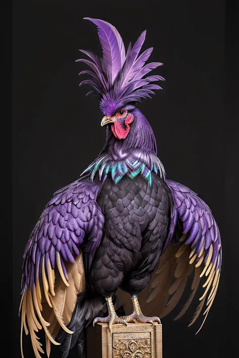 a professional pet photograph of (R005t3r:1.1) bird as a rooster chicken,with a (purple iridescent plume) with (colorful yellow tipped wing feathers),standing on a stage,competing in a pet show,extremely ornate and detailed plumage,facing the viewer,portra...