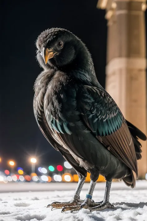 a realistic photograph of fit and thin anthropomorphic (R005t3r:1.2) bird as a anthropomorphic tourist in a dark green parka standing in the snow near the brandenburg gate in berlin,dark night,light flurries,taken with Nikon D850,Nikon AF-S 85mm f/1.4G len...