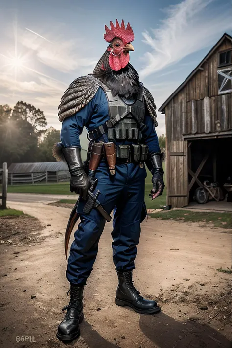 a movie photograph of (R005t3r bird) (anthropomorphic:1.2) (rooster man:1.3),as a (commando soldier:1.3),carrying machine gun,guarding a barn yard,extremely ornate and detailed plumage,facing the viewer,portrait,outdoors in sunlight,rich details,hyper real...