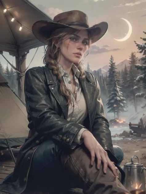 cinematic film still (8k, RAW photo, best quality, masterpiece:1.2),ultra-detailed, (high detailed skin:1.2), 8k uhd, dslr, soft lighting, high quality,   <lora:RDR2Sadie:0.85> rdr2sadie, 1girl, freckles, braid, shirt, cowboy hat, long hair,  tight_jeans, ...