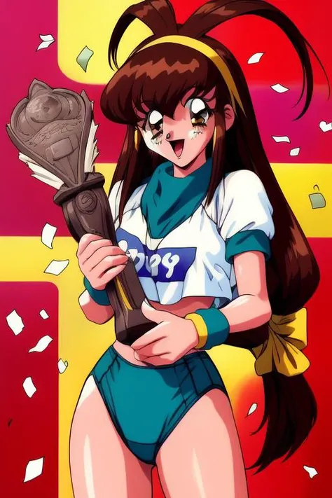 <lora:Kanzaki_Akari:1>, KanzakiAkari, 1girl, long hair, low-tied long hair, solo, brown hair, brown eyes, retro artstyle, open mouth, wristband, buruma, 1990s (style), confetti, gym uniform, navel, short sleeves, hairband, holding, smile, party popper, cow...