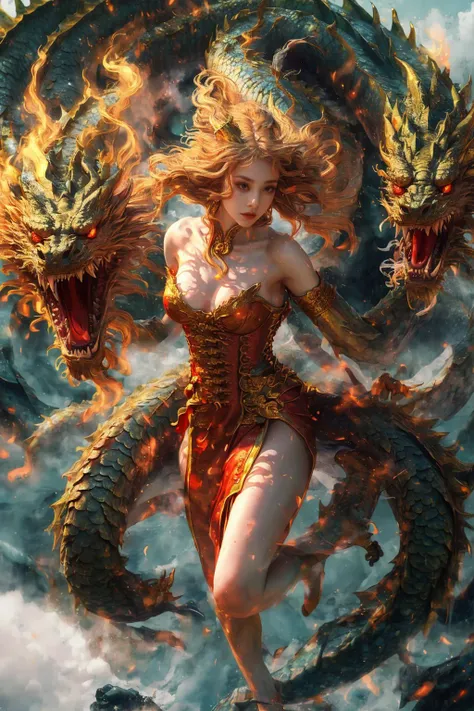 dragon_real,the girl was surrounded by dragons,flame,slg,grass,
(1girl:1.4),breasts,solo,full body,chinese dress,(floating hair),Bare legs,depth of field,
,  <lyco:dragon_real_base_V1:1.0>