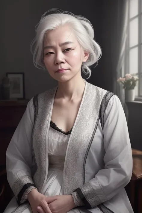 Portrait of a aesthetical Sick Singaporean woman with pearlescent skin and white hair by Carl Holsoe, trending on IllustrationX. , HDR, High resolution, Ray Traced, Procedural Generation , Pomp and Power Color Scheme