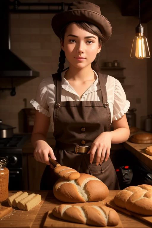 A girl with beautiful eyes is baking bread, perfect face, looking at the camera,Steampunk, 4K, lighting, (real skin:1.2), fine hair, sweating, best quality, intricate environment, atmosphere, fog, horrifying, <lora:epiNoiseoffset_v2:1.2>