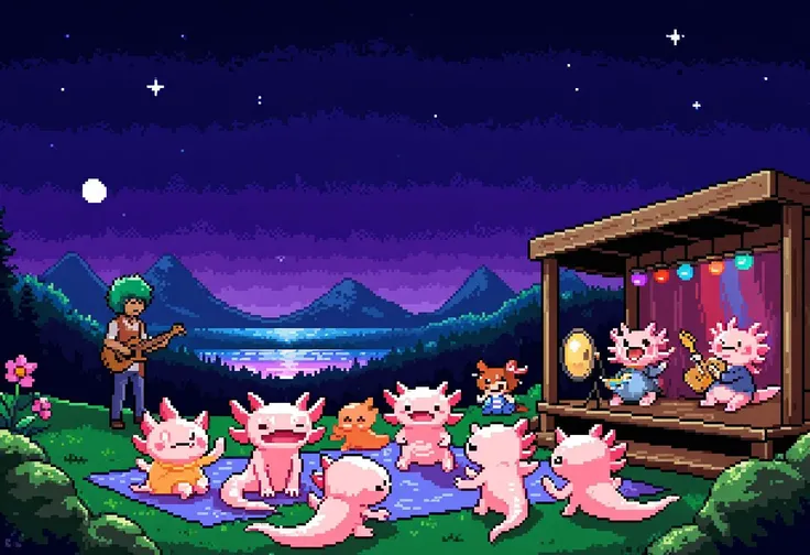 Axolotls enjoying an outdoor concert under a starlit sky, pixel art