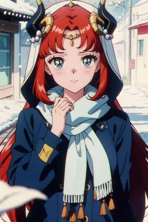 1girl, solo, perspective, nilou (genshin impact), blush, goat horns, snowing, outdoors, city, heavy jacket, scarf, winter, looking at viewer, 1girl,solo, long hair, red hair,closed mouth, outdoors, light smile, EPTakeuchiNaokoStyle, 1990s (style), anime sc...