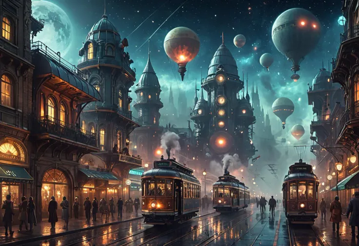 space-themed a steampunk metrolpolis with smoky chimneys, foggy streets, trams, airships and people at night . cosmic, celestial, stars, galaxies, nebulas, planets, science fiction, highly detailed