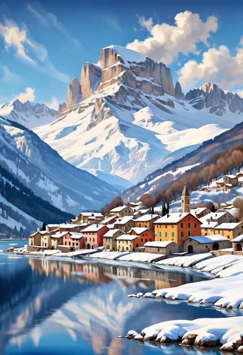 In Italy, Italian mountains rise into a deep blue sky, while fluffy clouds float above them. A Roman village sits at the foot of the mountains, its houses covered in snow-covered roofs. A frozen lake reflects the mountains and sky, creating a scene of sere...