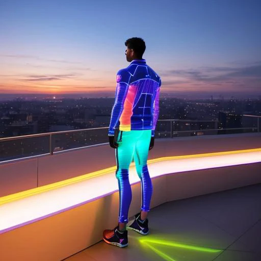 a young Indian man in modern, tech-infused attire standing on a futuristic rooftop garden. The city below combines traditional Indian architecture with advanced technology, and a vibrant sunset casts a warm glow over the scene. He is engaged with a hologra...