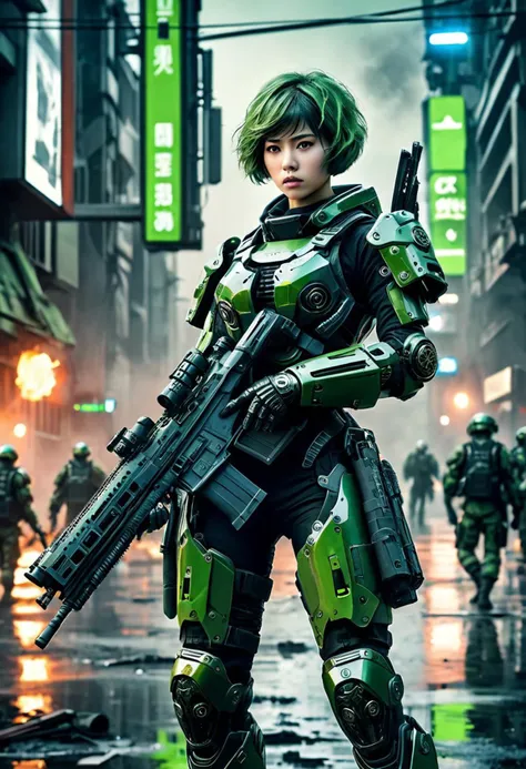 Best quality, masterpiece,
A short young woman with a short haircut in heavy futuristic mechanical-cybernetic protective armor of dirty green color stands at the intersection of streets where military actions are taking place. In her hands is a heavy autom...