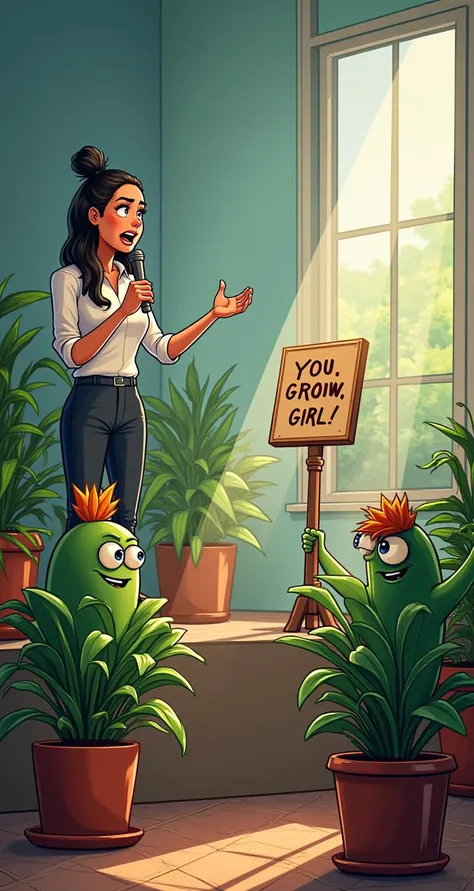 A motivational speaker on stage passionately giving a speech to an audience of very determined-looking houseplants, with one plant holding a "You Grow, Girl!" sign, and another furiously taking notes with a pencil in its pot.