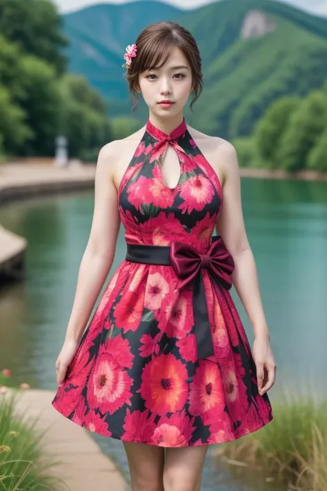 a woman in a pink dress standing next to a body of water