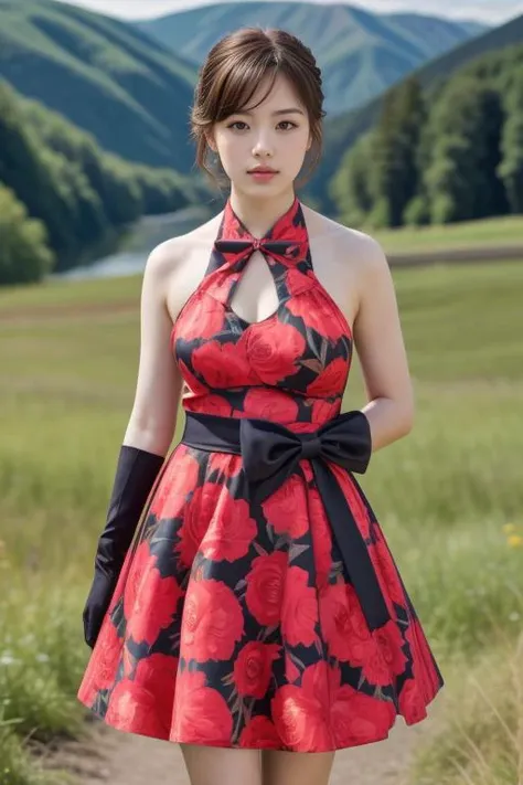 a close up of a woman in a red dress and gloves