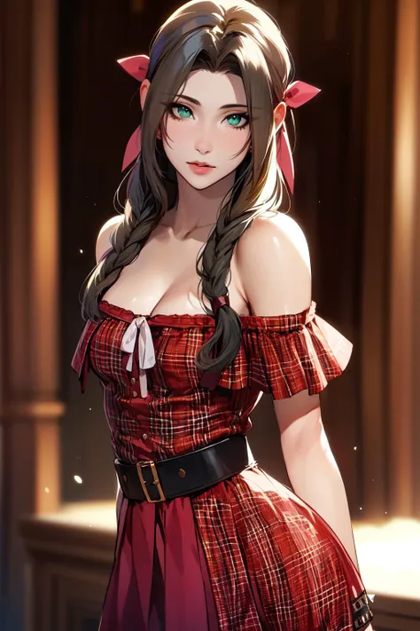 HDA_Masterpiece, ((edgQuality)), 1girl, <lora:aerith_v2:0.5>, aerith gainsborough, green eyes, small breasts, BREAK 
<lora:Off_shoulder_plaid_Dress_By_Stable_Yogi:0.8> short plaid dress, off-shoulder dress, ruffled, waist belt