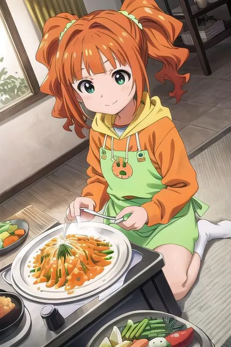 masterpiece, best quality,ultra detail,<lora:GoodHands-vanilla:0.8> <lora:anmnr01:0.3> <lora:add_detail:0.5>,   <lora:yayoi-idolmaster:0.7>,yayoi,happy,orange hoodie,white apron,living room,low table,cooking,dutch angle,square large black Hot plate,sitting...