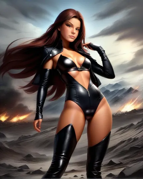 (full-body shot), head-to-toe
illustration of a young woman as a warrior, long hair
wearing leather, cleavage
natural small breasts, c-cup breasts
standing on a battlefield, fierce
looking at the viewer