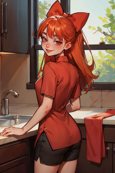 blossom, red eyes, orange hair, red hair bow, red shirt, oversized shirt, black shorts, looking at viewer, smiling, smirk, leaning, on counter, from_behind, inside cozy kitchen, sink, window, high quality, masterpiece,  <lora:Blossom:.8>