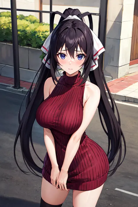 masterpiece, best quality, highres, aahouki, very long hair, black hair, high ponytail, split ponytail, hair ribbon, white ribbon, large breasts, <lora:shinonono_houki_v1:0.7>, city, sweater dress, sleeveless, turtleneck, street, standing