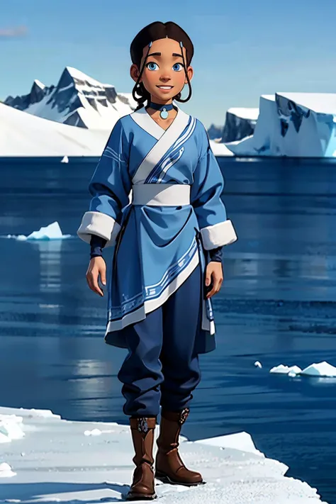 katara, choker, dark skin, blue eyes, brown hair, hair ornament, blue dress, long sleeves, pants, brown boots, looking at viewer, smiling, full body shot, standing, outside, antarctica, iceberg, ocean, sunny, high quality, masterpiece, <lora:KataraV2:.8>