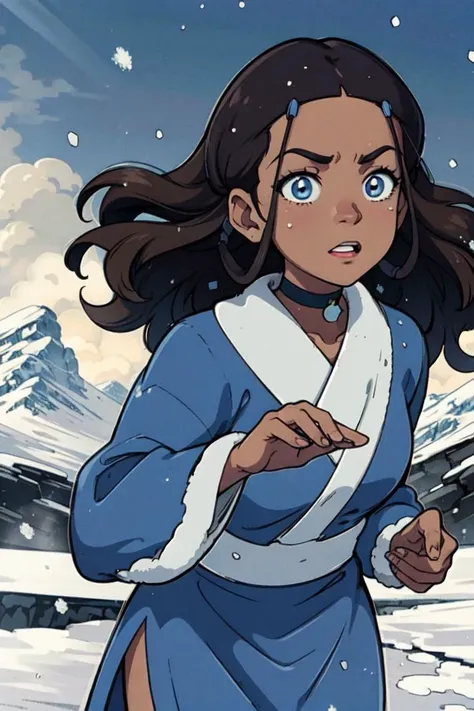 (katara:1.2), dark skin, dark-skinned female, blue eyes, brown hair, (wavy hair, hair down, long hair:1.2), choker, (blue outfit, blue robe), snowing, snowy background, winter (realistic:1.2), (masterpiece:1.2), (full-body-shot:1),(Cowboy-shot:1.2), neon l...