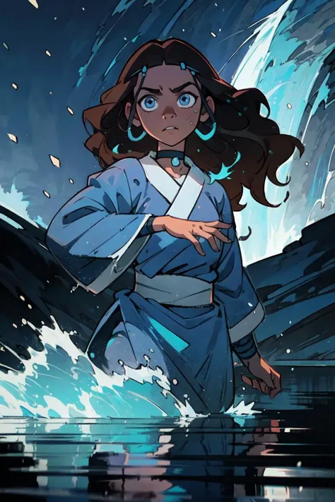 (katara:1.2), (manipulating water, moving water, bending water:1.2), dark skin, dark-skinned female, blue eyes, brown hair, (wavy hair, hair down, long hair:1.2), choker, (blue outfit, blue robe), snowing, snowy background, winter (realistic:1.2), (masterp...