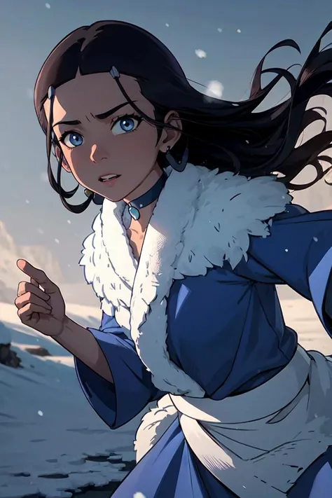 (katara:1.2), dark skin, dark-skinned female, blue eyes, brown hair, (wavy hair, hair down, long hair:1.2), choker, (blue outfit, blue robe), snowing, snowy background, winter (realistic:1.2), (masterpiece:1.2), (full-body-shot:1),(Cowboy-shot:1.2), neon l...