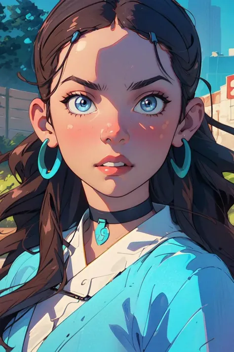 (katara:1.2), dark skin, dark-skinned female, blue eyes, brown hair, (wavy hair, hair down, long hair:1.2), choker, jewelry, blue robe, (realistic:1.2), (masterpiece:1.2), (full-body-shot:1),(Cowboy-shot:1.2), neon lighting, dark romantic lighting, (highly...