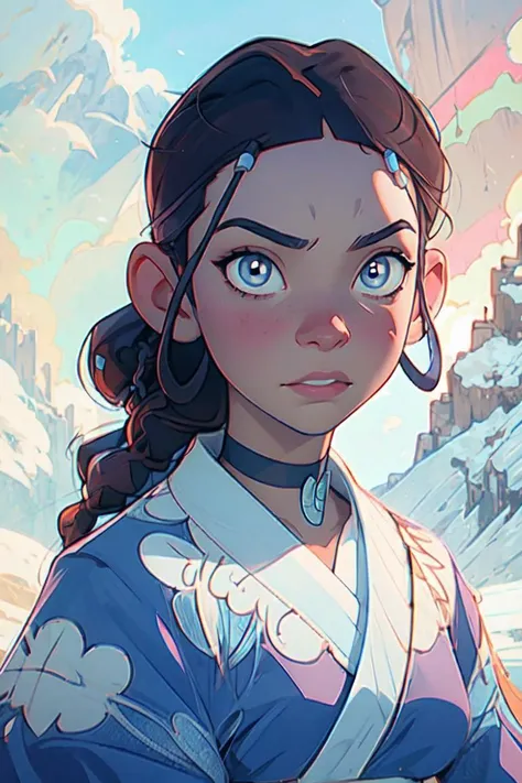 (katara:1.2), dark skin, dark-skinned female, blue eyes, brown hair, (hair down, long hair:1.2), braid, choker, jewelry, blue robe, (realistic:1.2), (masterpiece:1.2), (full-body-shot:1),(Cowboy-shot:1.2), neon lighting, dark romantic lighting, (highly det...