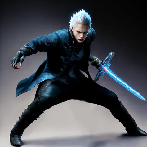 solo, marvel, yamato (sword), blue eyes, weapon, sword, devil may cry 3, marvel vs. capcom, battoujutsu stance, devil may cry (series), marvel vs. capcom 3, jacket, capcom, 1boy, ready to draw, fighting stance, transparent background, white hair, male focu...