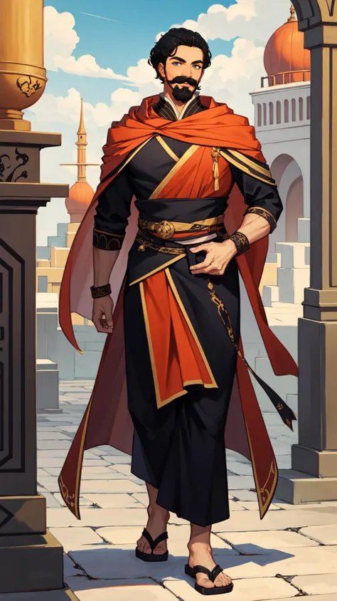 <lora:PathfinderKM:0.7>, mature male, full body view, Pathfinder, Fantasy art, tanned skin, black hair, bright orange arabian robes outfit with burnous, curved mustache, rogue, orient, intricate patterns, silk way, 8k, 16k, trending on pixiv, fanbox, skeb,...