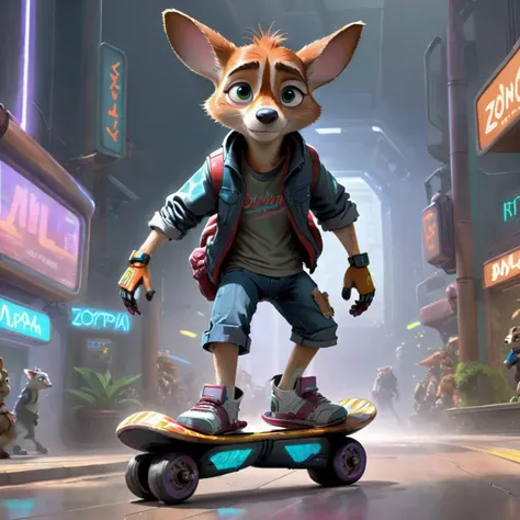 marty mcfly hoverboarding in zootopia, cyberpunk futuristic clothes