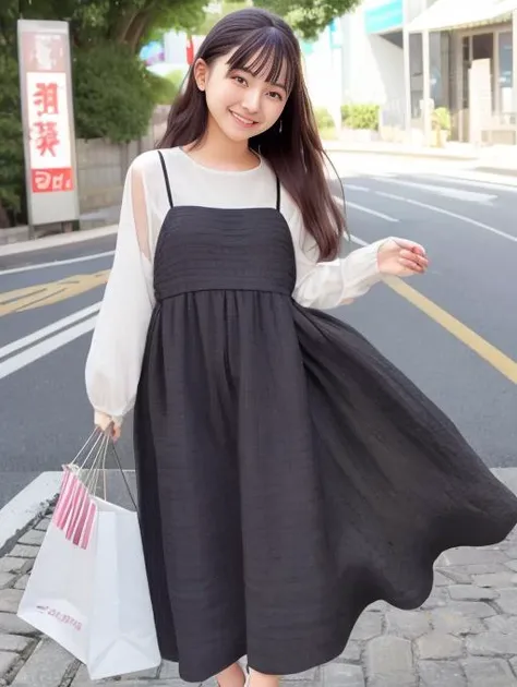 best quality, masterpiece, highres, detailed, perfect anatomy,  <lora:Detail - add_detail:0.2>,  <lyco:Clothing - SummerDress:0.75>, SummerDress, white shirt, black dress, white shirt under black dress, outdoors, shopping, japanese girl, modeling, happy, s...