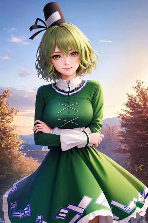 (masterpiece, best quality:1.2), <lyco:touhou_tojiko-10:1.0>, cowboy shot, solo, 1girl, tojiko, smile, looking at viewer, crossed arms, hat, tate eboshi, cross-laced clothes, green dress, long sleeves