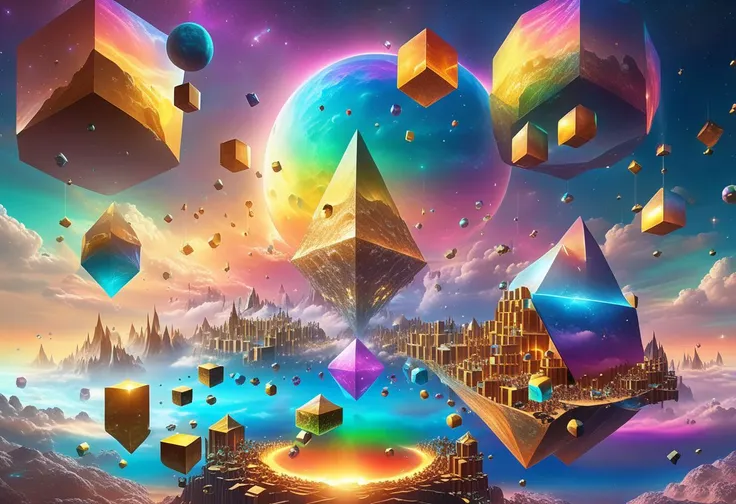 a painting of a colorful city surrounded by cubes and mountains