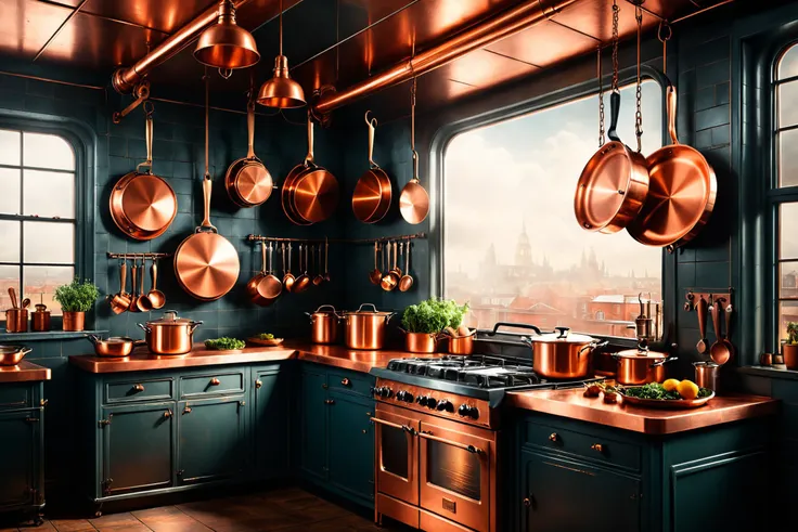 a close up of a kitchen with copper pots and pans on the wall