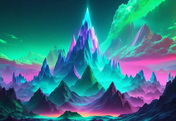 Very bright neon mountain with pastel colors and intricate contrasts, emerald turquoise sky with unreal neon colors clouds in very high resolution, masterpiece, best quality, hyper detailed, ultra detailed, ultra high definition, 8k, unreal engine 5, super...