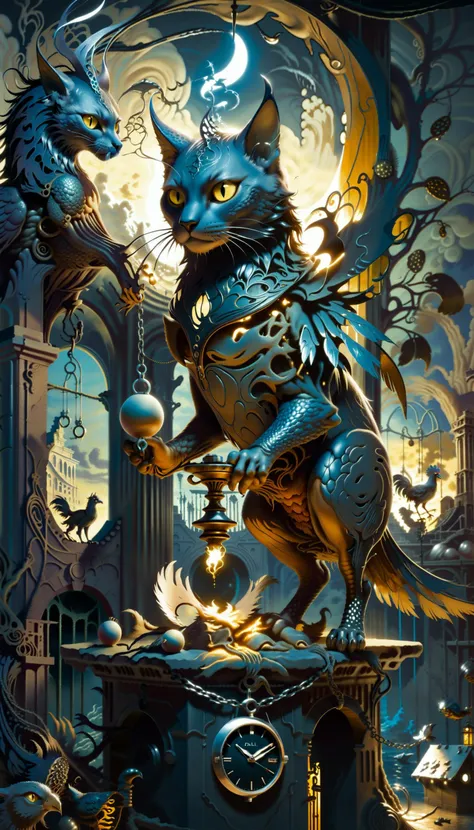 a painting of a cat with a clock and a dragon