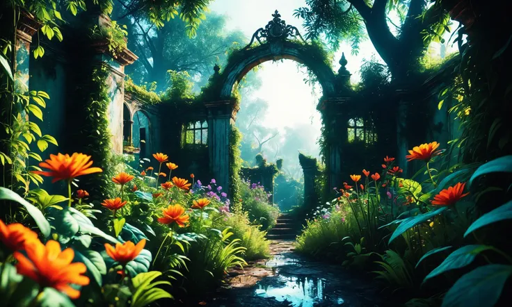 a close up of a garden with flowers and a gate