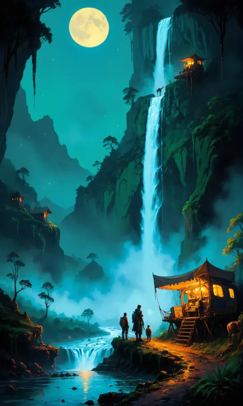 a painting of a man and a woman standing in front of a waterfall