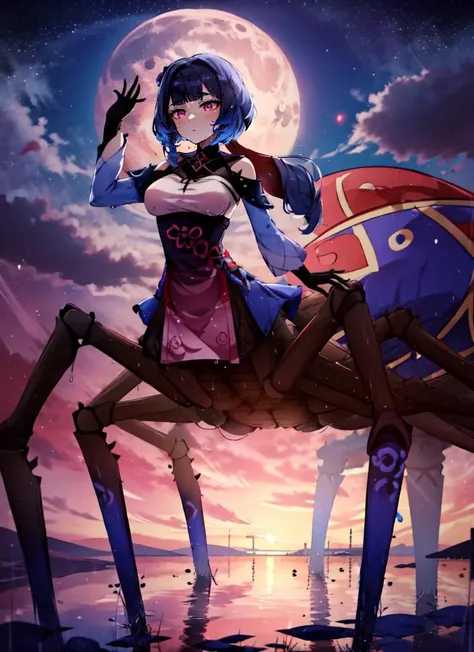 a woman sitting on a giant spider with a full moon in the background