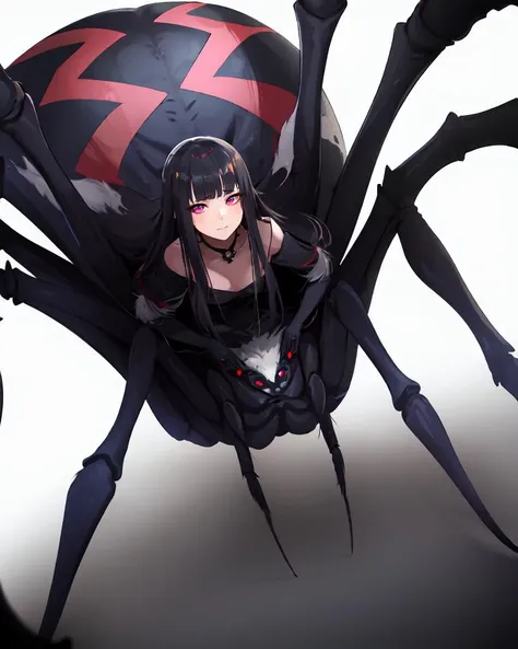 anime girl with black hair and red eyes sitting on a spider